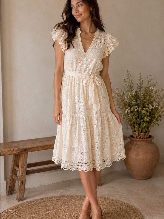 BCBGMaxAzria Dresses & Skirts - BCBGMAXAZRIA Women’s Cotton Eyelet Lace Tiered Cottagecore Boho Western Dress
